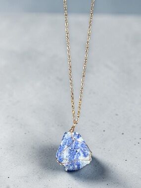 LAPIS LAZULI natural raw cut wire wrapped stone pendant necklace gold chain NEW
